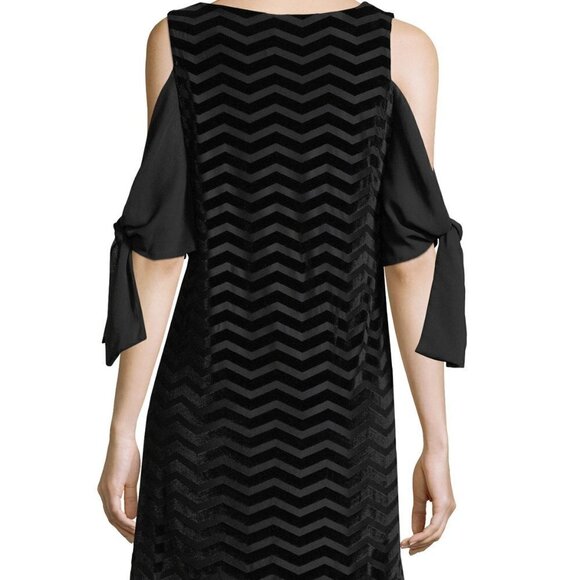 Women's Taylor Black Cold Shoulder Velvet Striped Chiffon Sleeve Dress, Size 8 - Picture 2 of 8